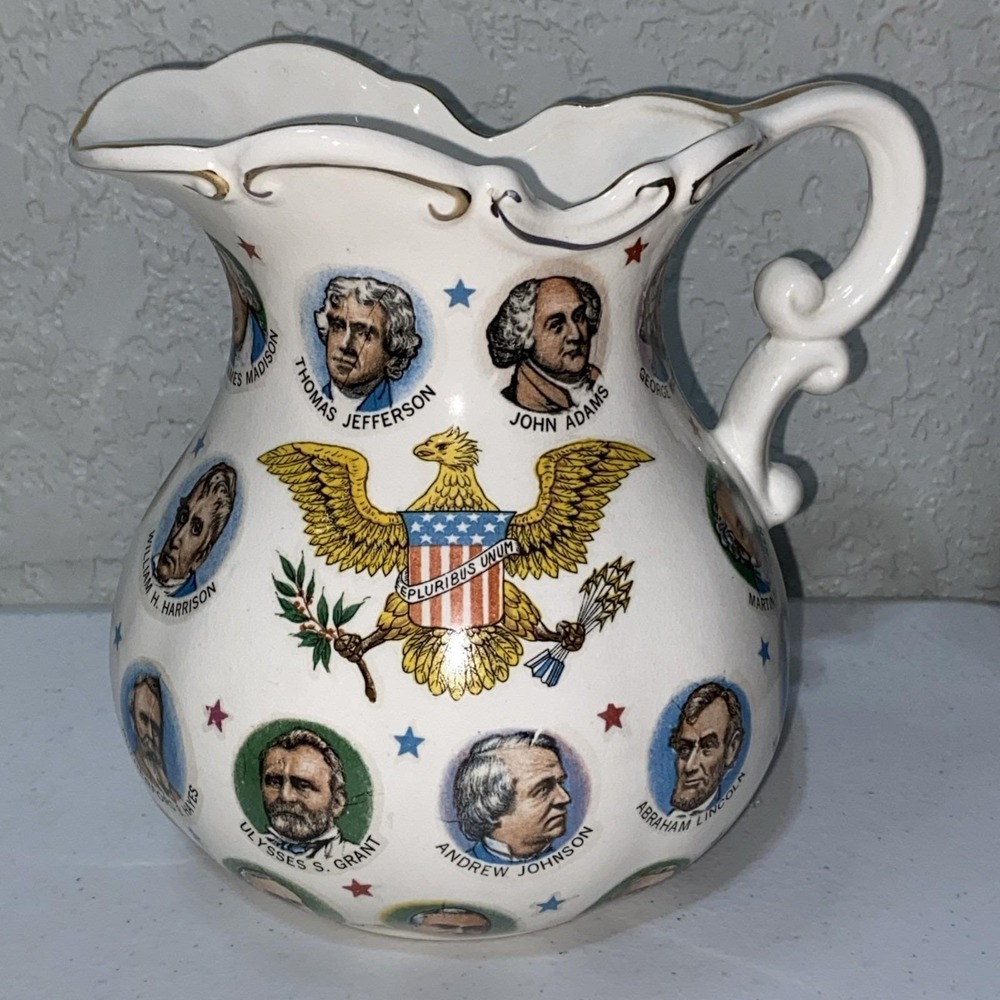 VTG Ceramic Pitcher All US Presidents Thru 1965 Graphics Chadwick-Miller Japan